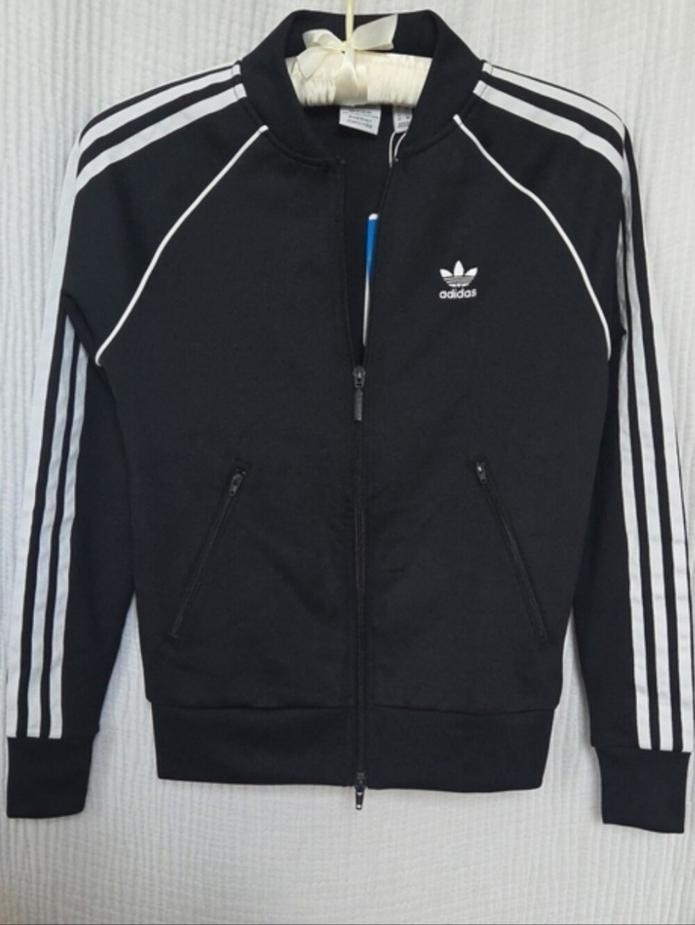 NWT Adidas Primeblue Black Track Jacket with White Three-Stripes
